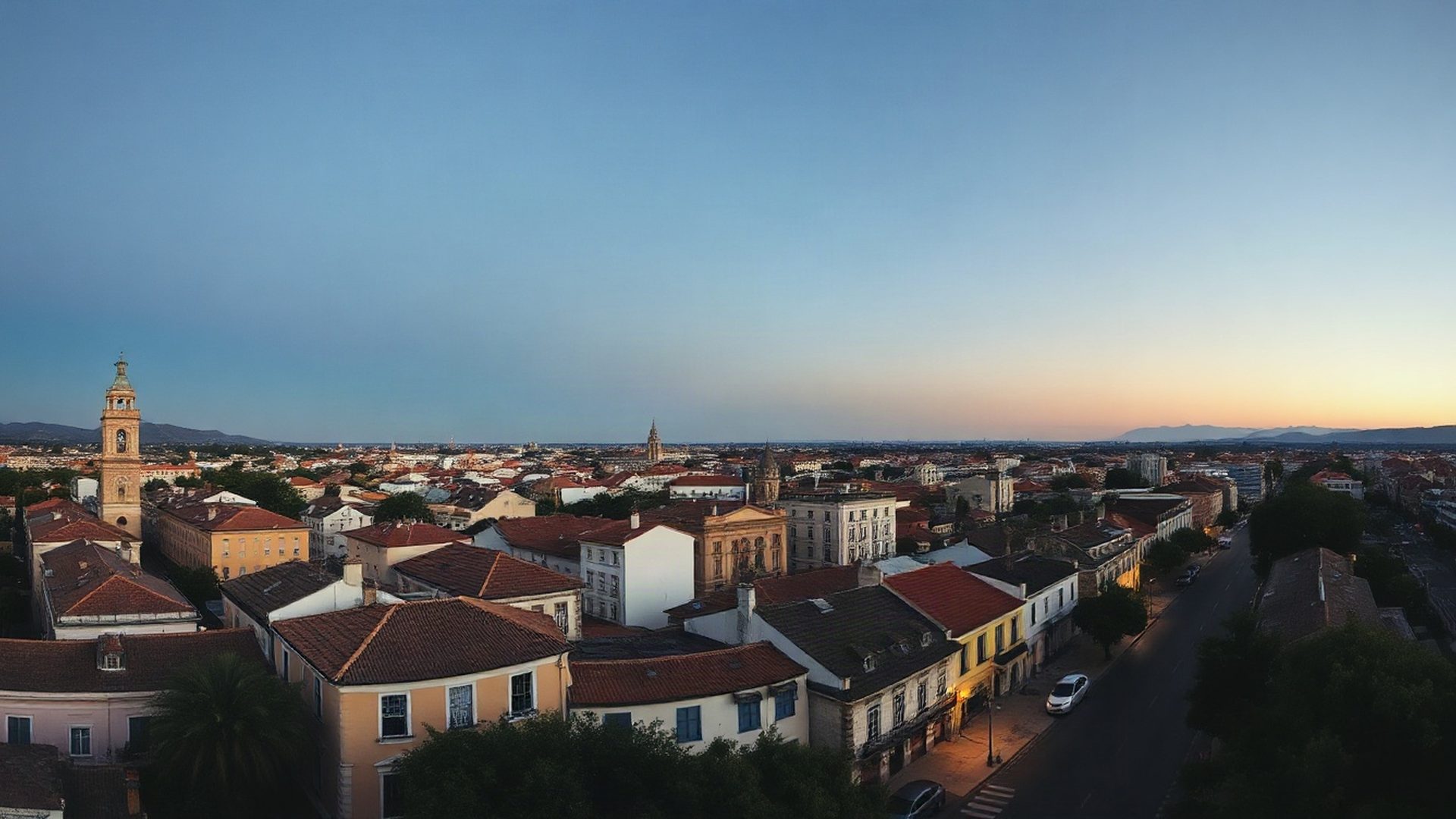 Vista editorial de una ciudad ribereña uruguaya al atardecer
