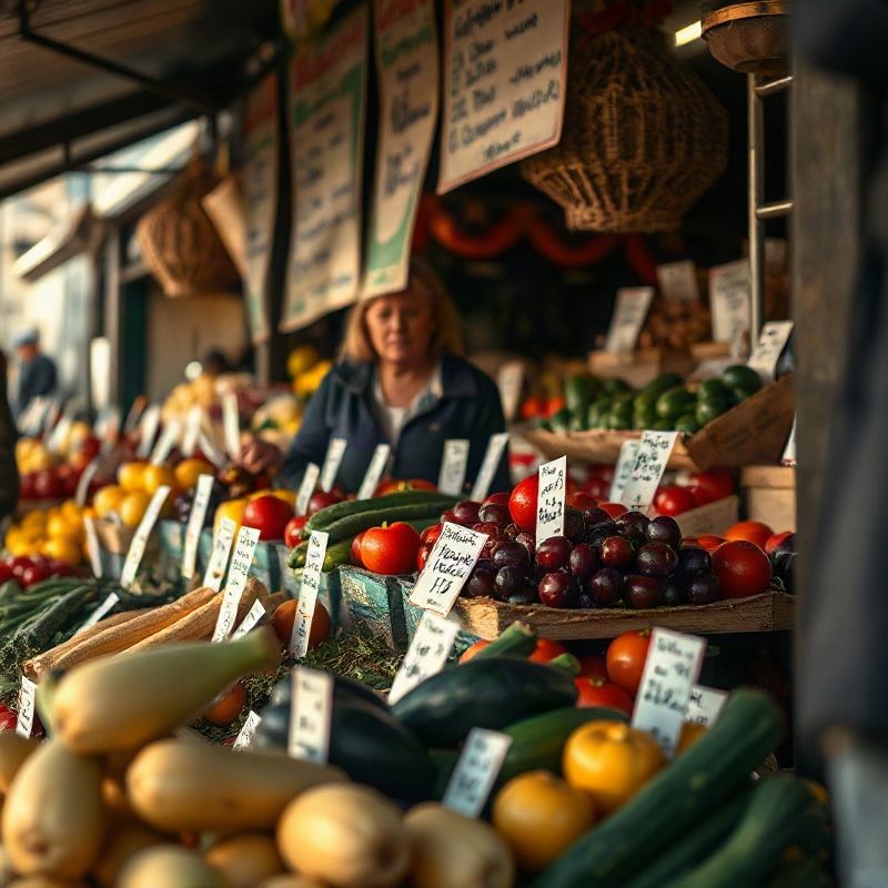 Puesto de feria uruguaya con etiquetas de precios escritas a mano