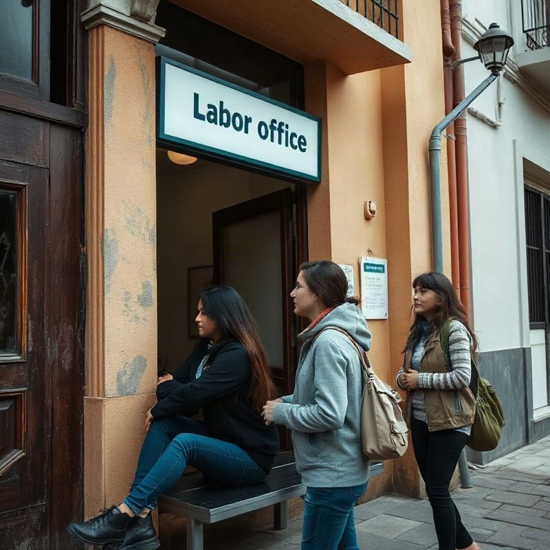 Jóvenes uruguayos esperando frente a una oficina de empleo en una ciudad del interior